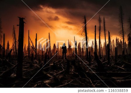 Silhouette in burned forest under dramatic sky, showing aftermath and devastation 116338859