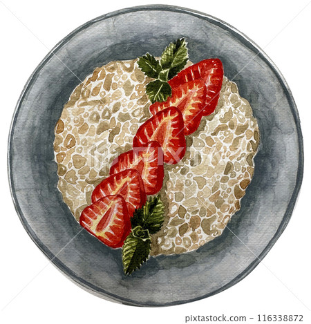 Porridge with strawberry. Bowl oat and cut strawberries and mint leaves. Watercolor breakfast food with berries. 116338872