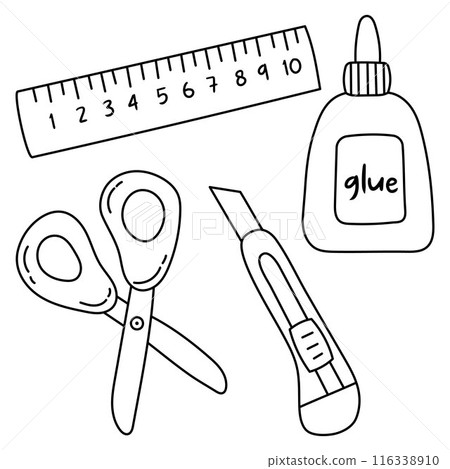 Elements of school or office supplies. Scissors, ruler, box cutter, glue. Back to school. Outline doodle illustration. Elements of school or office supplies. Scissors, ruler, box cutter, glue. Back to school. Outline doodle illustration. 116338910