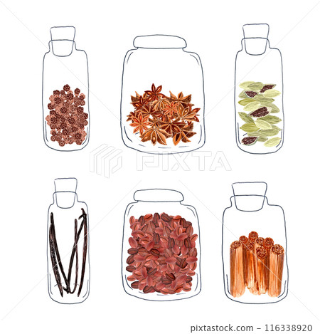 Ceylon cinnamon, star-anis, cardamom, black pepper, vanilla, coffee beans in transparent jars mixed media set isolated on white, hand drawn. Great for spice box, menu, recipes, labels, logo, food ads 116338920