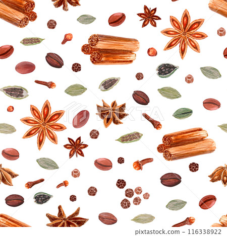Star anise, cardamom, clove, black pepper, coffee watercolor seamless pattern on white. Spices with detailed texture and shades. Perfect for culinary, kitchen textile, wrapping paper, bags, spice Star anise, cardamom, clove, black pepper, coffee watercolor seamless pattern on white. Spices with detailed texture and shades. Perfect for culinary, kitchen textile, wrapping paper, bags, spice 116338922