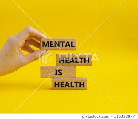Mental Health symbol. Wooden blocks with words Mental Health is Health. Beautiful yellow background. Doctor hand. Medical and Health concept. Copy space. Mental Health symbol. Wooden blocks with words Mental Health is Health. Beautiful yellow background. Doctor hand. Medical and Health concept. Copy space. 116338977
