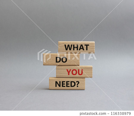 What do you need symbol. Wooden blocks with words What do you need. Beautiful grey background. Business and What do you need concept. Copy space. 116338979