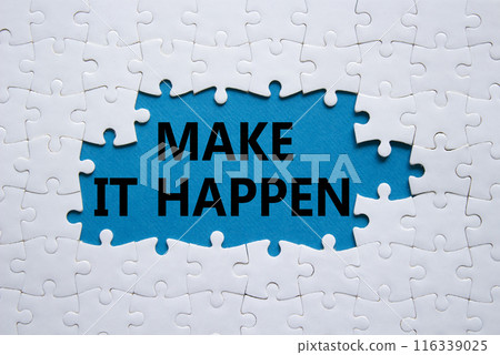 Make it Happen symbol. Concept words Make it Happen on white puzzle. Beautiful blue background with succulent plant. Business and Make it Happen concept. Copy space. 116339025