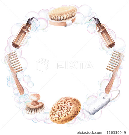 Frame of comb, dispenser, bubbles, brush, pumice stone in watercolor illustration on a white background. Hand drawn illustration of a set for advertising spas, baths, saunas, beauty salons, laundry Frame of comb, dispenser, bubbles, brush, pumice stone in watercolor illustration on a white background. Hand drawn illustration of a set for advertising spas, baths, saunas, beauty salons, laundry 116339049