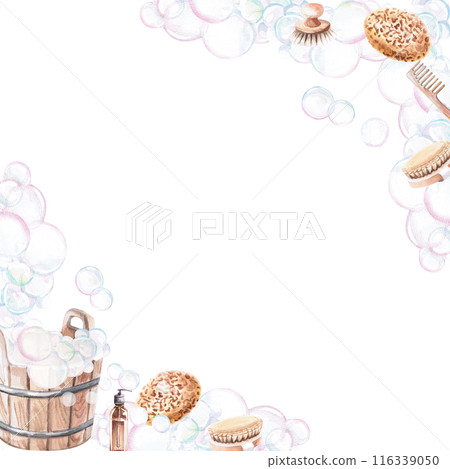 Frame with an oak broom for a sauna, a tub a washcloth in a watercolor illustration on a white background. Hand-drawn illustration, banner for advertising spa, baths, saunas, beauty salons, laundry 116339050