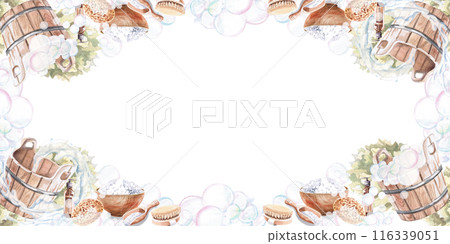 Frame with an oak broom for a sauna, a tub a washcloth in a watercolor illustration on a white background. Hand-drawn illustration, banner for advertising spa, baths, saunas, beauty salons, laundry. 116339051