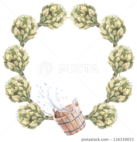 Oak broom for sauna, tub, splashes of water in watercolor illustration on a white background. Hand drawn illustration of a set for advertising spas, baths, saunas, beauty salons, laundry Oak broom for sauna, tub, splashes of water in watercolor illustration on a white background. Hand drawn illustration of a set for advertising spas, baths, saunas, beauty salons, laundry 116339053
