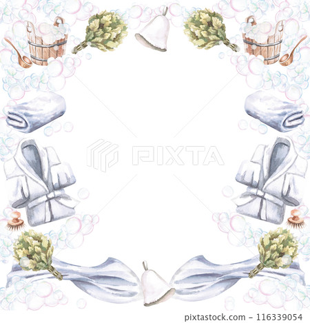 Terry robe, towel, sauna cap, tub, ladle, foam in watercolor illustration on a white background. Hand drawn illustration of a set for advertising spas, baths, saunas, beauty salons, laundry Terry robe, towel, sauna cap, tub, ladle, foam in watercolor illustration on a white background. Hand drawn illustration of a set for advertising spas, baths, saunas, beauty salons, laundry 116339054