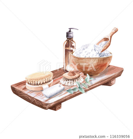 Wooden tray, dispenser,brush,pumice stone,plate with salt, spatulain watercolor illustration on a white background. Hand drawn illustration of a set for advertising spas, baths, saunas, beauty salons Wooden tray, dispenser,brush,pumice stone,plate with salt, spatulain watercolor illustration on a white background. Hand drawn illustration of a set for advertising spas, baths, saunas, beauty salons 116339056