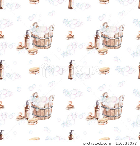 Seamless pattern dispenser, bubbles, tubs in watercolor illustration on a beige background. Hand-drawn illustration for printing on packaging, fabric for advertising saunas, baths, beauty salons, SPA. 116339058