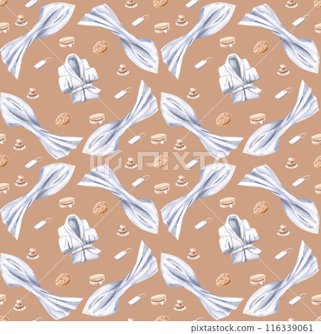 Seamless pattern with robe and terry towel in watercolor illustration on a white background. Hand-drawn illustration for printing on packaging, fabric for advertising , baths, beauty salons, SPA. Seamless pattern with robe and terry towel in watercolor illustration on a white background. Hand-drawn illustration for printing on packaging, fabric for advertising , baths, beauty salons, SPA. 116339061