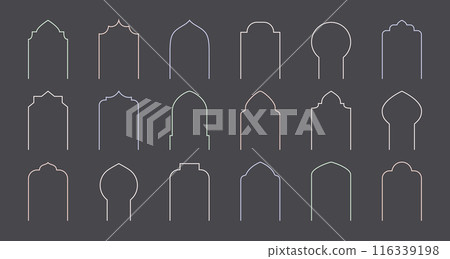 Ramadan Kareem and Eid Mubarak islamic arch, window, door, gate. Thin line vector frame shape. Ramadan Kareem and Eid Mubarak islamic arch, window, door, gate. Thin line vector frame shape. 116339198
