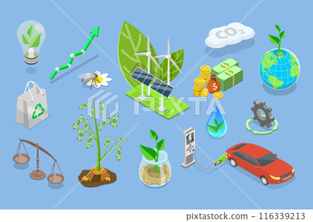 3D Isometric Flat Vector Set of Sustainable Investment Elements, Ethical Business, Green and Environmental Goals 116339213