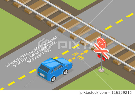 3D Isometric Flat Vector Illustration of Railway Crossing, Requirements and Guidelines for Safe Driving Practices 3D Isometric Flat Vector Illustration of Railway Crossing, Requirements and Guidelines for Safe Driving Practices 116339215