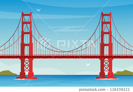 Golden Gate Bridge. US symbol. San Francisco, United States of America. Side view. Vector Flat style illustration. Golden Gate Bridge. US symbol. San Francisco, United States of America. Side view. Vector Flat style illustration. 116339221