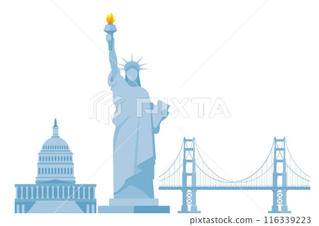 USA culture symbols. Liberty statue, capitol, golden gate bridge. American culture and history icons. Vector. 116339223