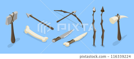 3D Isometric Flat Vector Set of Primal Stone Age Tools, Prehistoric Weapons 3D Isometric Flat Vector Set of Primal Stone Age Tools, Prehistoric Weapons 116339224