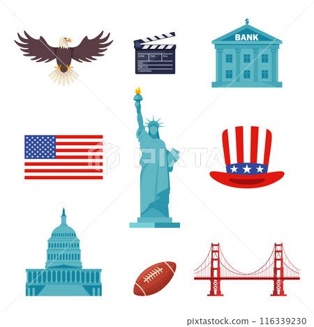 USA culture symbol set. Travel USA direction concept. American culture and history icons. Vector. 116339230