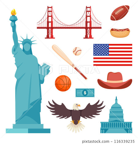 USA culture symbol set. Travel USA direction concept. American culture and history icons. Vector. 116339235