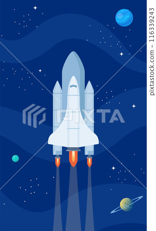 Space shuttle. Spaceship in outer space. Cosmos discovery. Space exploration concept. Vector. Space shuttle. Spaceship in outer space. Cosmos discovery. Space exploration concept. Vector. 116339243