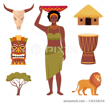 African ethnic style icons. African mask, djembe drum, people, animals, vase, hut. Vector. African ethnic style icons. African mask, djembe drum, people, animals, vase, hut. Vector. 116339254