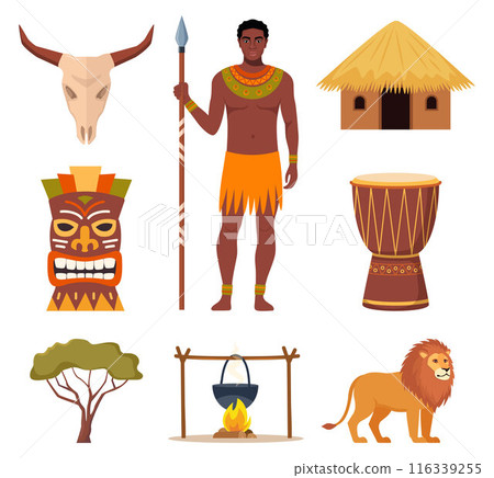 African ethnic style icons. African mask, djembe drum, people, animals, vase, hut. Vector. African ethnic style icons. African mask, djembe drum, people, animals, vase, hut. Vector. 116339255