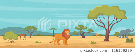 African savannah landscape with green trees and animals. Kenya panoramic view, wild nature. Jungle inhabitants in zoo area, exotic creatures, wildlife of Africa. Vector illustration. 116339259