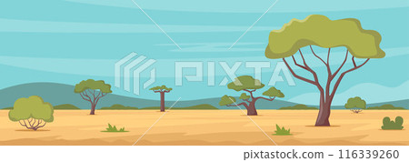 African savannah landscape with green trees, and plain grassland field under blue clear sky. Kenya panoramic view, wild nature. Vector. African savannah landscape with green trees, and plain grassland field under blue clear sky. Kenya panoramic view, wild nature. Vector. 116339260