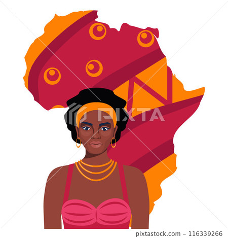 African woman portrait, Africa continent map. Africa Motherland. Afro design, Safari tribal logo banner. Vector. African woman portrait, Africa continent map. Africa Motherland. Afro design, Safari tribal logo banner. Vector. 116339266