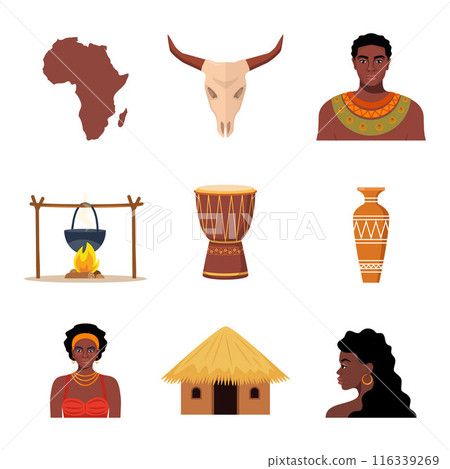 African ethnic style icons. African map, djembe drum, people, animals, vase, hut. Vector. 116339269