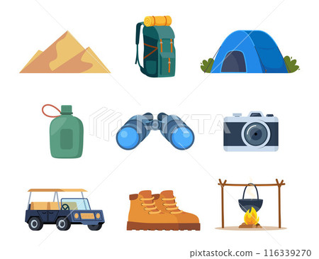 Africa and Safari tourist equipment elements and icons. Binocular, backpack, photo camera, camel, dunes, safari jeep, boots, water flask. Vector. 116339270