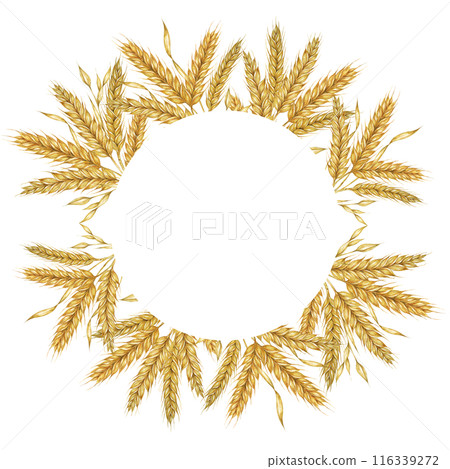 Wheat ears round frame. Barley stalks watercolor wreath for bread, flour packaging, bakery branding. Rustic clipart for barn wedding invitations, autumn harvest festival, Thanksgiving, Shavuot 116339272