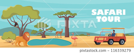 Safari tour of african wildlife. Design for tourism, travel, expedition and adventure. Banner, poster template. Horizontal African landscape with tropical animals, trees in warm colors. Vector. 116339279