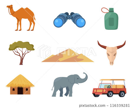 Africa and Safari tourist equipment elements and icons. Binocular, water flask, hut, camel, dunes, safari jeep, elephant. Vector. Africa and Safari tourist equipment elements and icons. Binocular, water flask, hut, camel, dunes, safari jeep, elephant. Vector. 116339281