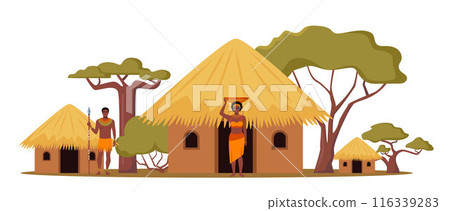 Tribe ethnic people in Africa. African woman with jug, afro character in tribal traditional costume, standing near ethnic hut house in village, rural African landscape. Vector illustration. 116339283