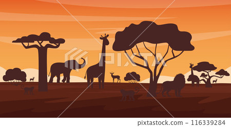 Sunset African landscape with wild animals. Welcome to Africa poster template. Vector. Sunset African landscape with wild animals. Welcome to Africa poster template. Vector. 116339284