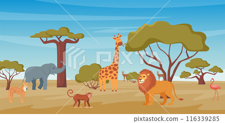 Horizontal African landscape with tropical animals, trees in warm colors. Savannah view with leopard, giraffe, elephant, lion, monkey. Exotic safari background for posters, banners. Vector. 116339285