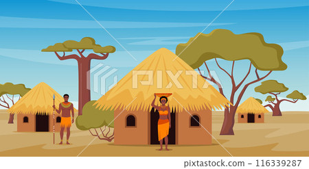 Tribe ethnic people in Africa. African woman with jug, afro character in tribal traditional costume, standing near ethnic hut house in village, rural African landscape. Vector illustration. Tribe ethnic people in Africa. African woman with jug, afro character in tribal traditional costume, standing near ethnic hut house in village, rural African landscape. Vector illustration. 116339287
