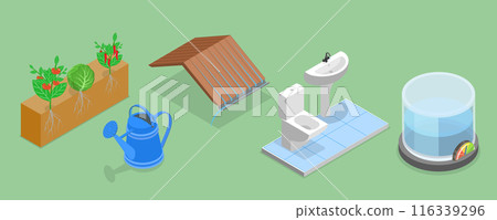 3D Isometric Flat Vector Set of Rainwater Harvesting Items Part 1, Responsible Lifestyle 116339296