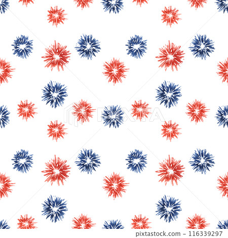 Fourth of July seamless pattern. Red, Blue fireworks bursts backdrop. Independence day holiday background. Hand drawn watercolor 4th of July clipart for wrapping paper, gifts, textile, napkins 116339297