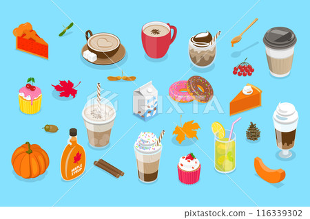 3D Isometric Flat Vector Set of Coffee and Treats, Fall Vibes Beverage 116339302