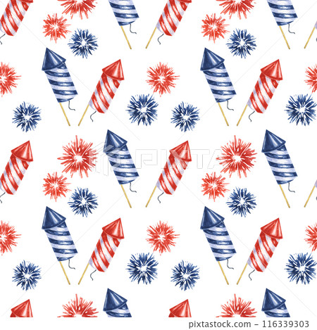 Fourth of July seamless pattern. Red, Blue firecrackers and fireworks bursts. Independence day holiday background. Hand drawn watercolor 4th of July clipart for wrapping paper, gifts, textile, napkins 116339303