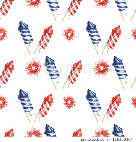 Fourth of July seamless pattern. Red, Blue firecrackers and fireworks bursts. Independence day holiday background. Hand drawn watercolor 4th of July clipart for wrapping paper, gifts, textile, napkins 116339304