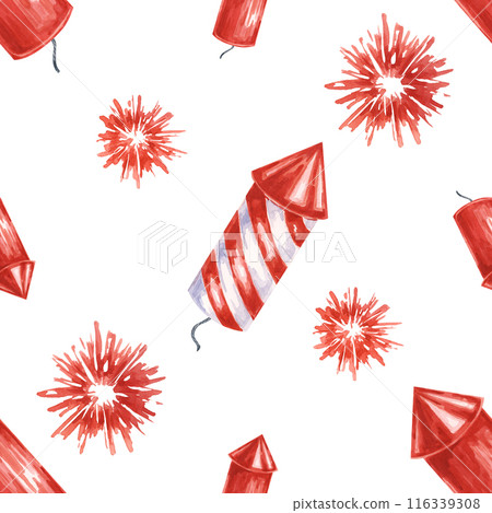 Fourth of July seamless pattern. Red, Blue firecrackers and fireworks bursts. Independence day holiday background. Hand drawn watercolor 4th of July clipart for wrapping paper, gifts, textile, napkins 116339308