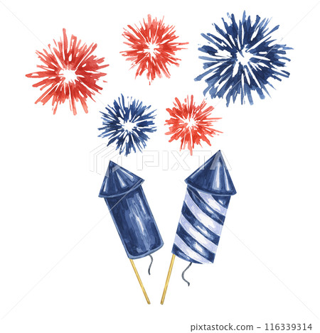 Fourth of July banner. Red, Blue firecrackers and fireworks bursts. Independence day national holiday template. Hand drawn watercolor 4th of July clipart for cards, flyers, invitations, stickers Fourth of July banner. Red, Blue firecrackers and fireworks bursts. Independence day national holiday template. Hand drawn watercolor 4th of July clipart for cards, flyers, invitations, stickers 116339314
