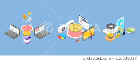 3D Isometric Flat Vector Illustration of Cryptocurrency Marketplace, Digital Money Mining, Smart Wallet and Blockchain 116339317