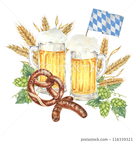 Oktoberfest composition in watercolor. Frothy mugs with light beer, grilled sausages, salty pretzel, barley, hops and Bavarian flags. Clipart for festive designs, card, brewery, flyer, coaster 116339321