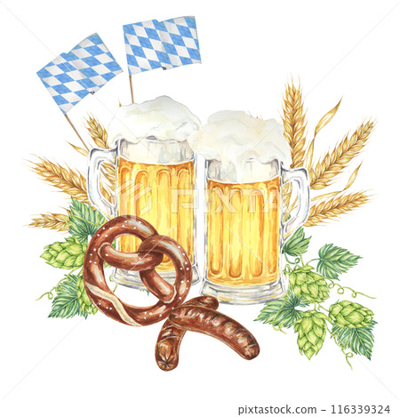 Oktoberfest composition in watercolor. Frothy mugs with light beer, grilled sausages, salty pretzel, barley, hops and Bavarian flags. Clipart for festive designs, card, brewery, flyer, coaster Oktoberfest composition in watercolor. Frothy mugs with light beer, grilled sausages, salty pretzel, barley, hops and Bavarian flags. Clipart for festive designs, card, brewery, flyer, coaster 116339324