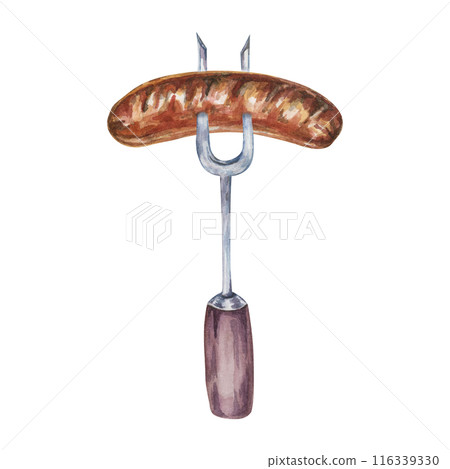 Grilled sausage on the metal bbq fork in watercolor. Barbeque party theme, German, Austrian food culinary design. Bratwurst for Oktoberfest, clipart for flyers, posters, brewery, snack stand, events Grilled sausage on the metal bbq fork in watercolor. Barbeque party theme, German, Austrian food culinary design. Bratwurst for Oktoberfest, clipart for flyers, posters, brewery, snack stand, events 116339330